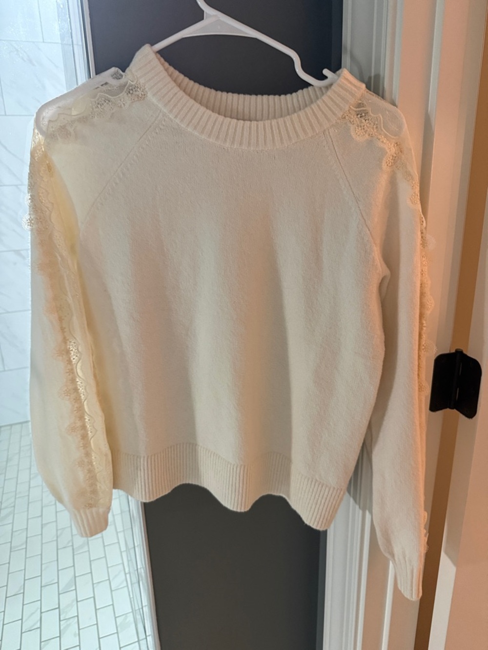 LOFT Cream Lace-Detail Crewneck Sweater